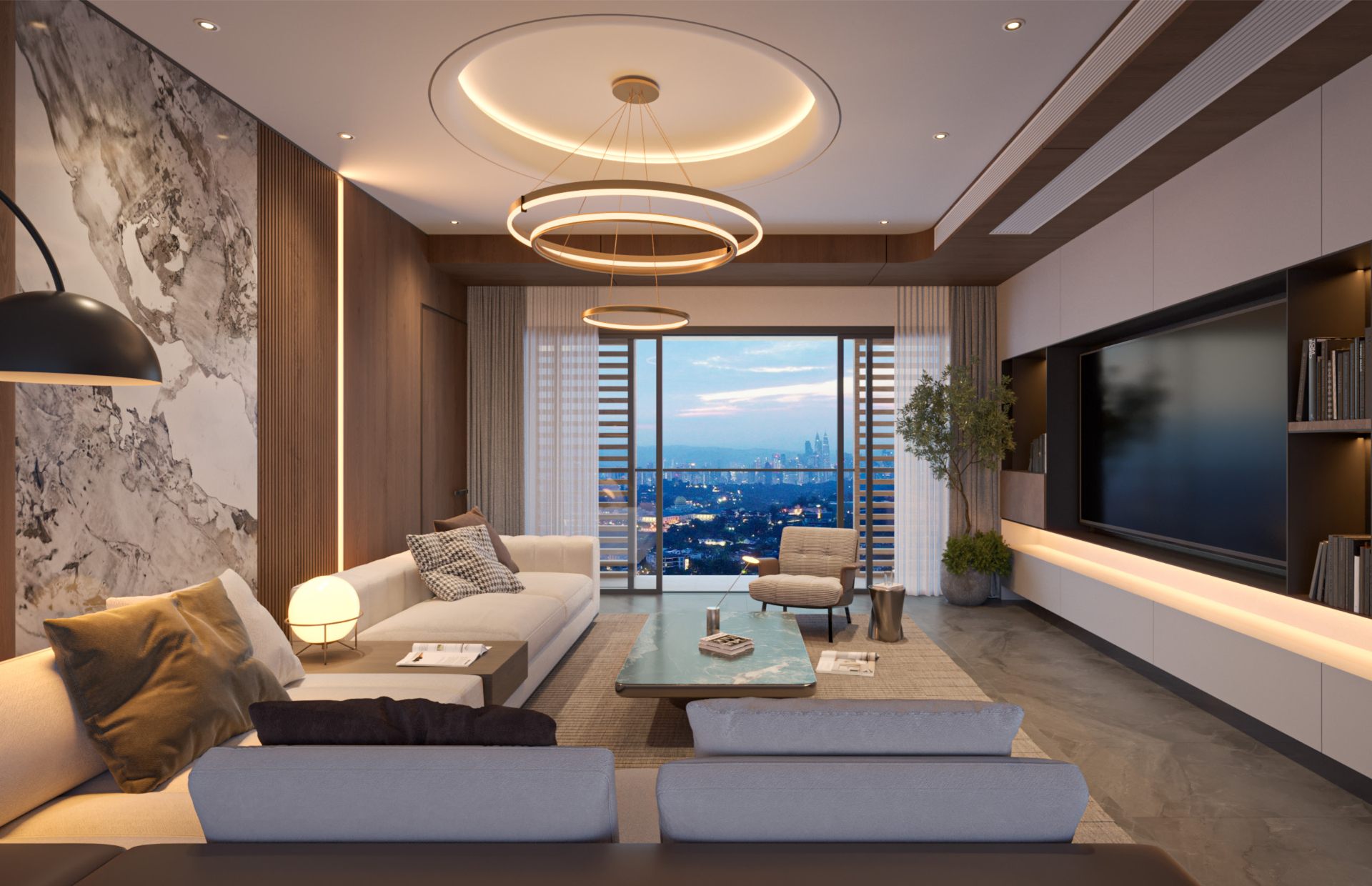 Interior of a Majestic at Kiara Reserve living room overlooking the KL skyline at dusk