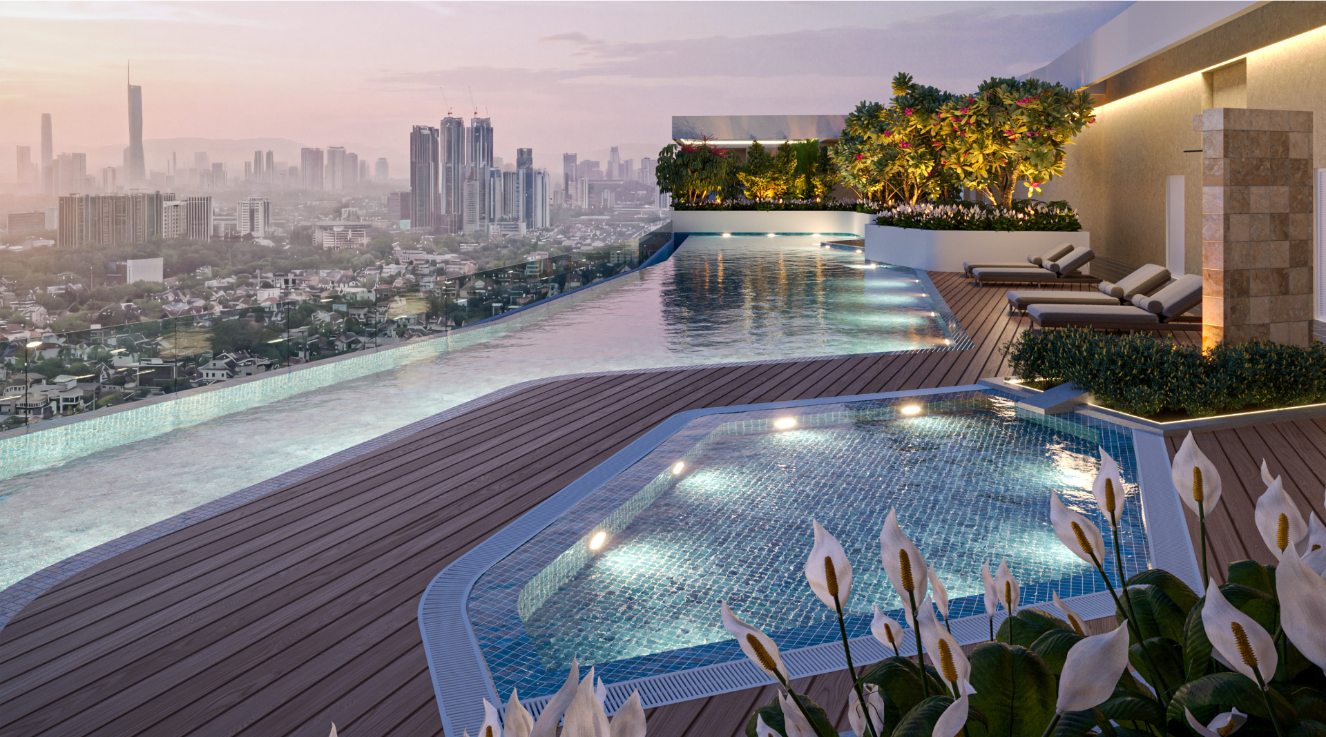 Rooftop infinity pool at dusk overlooking the KL skyline