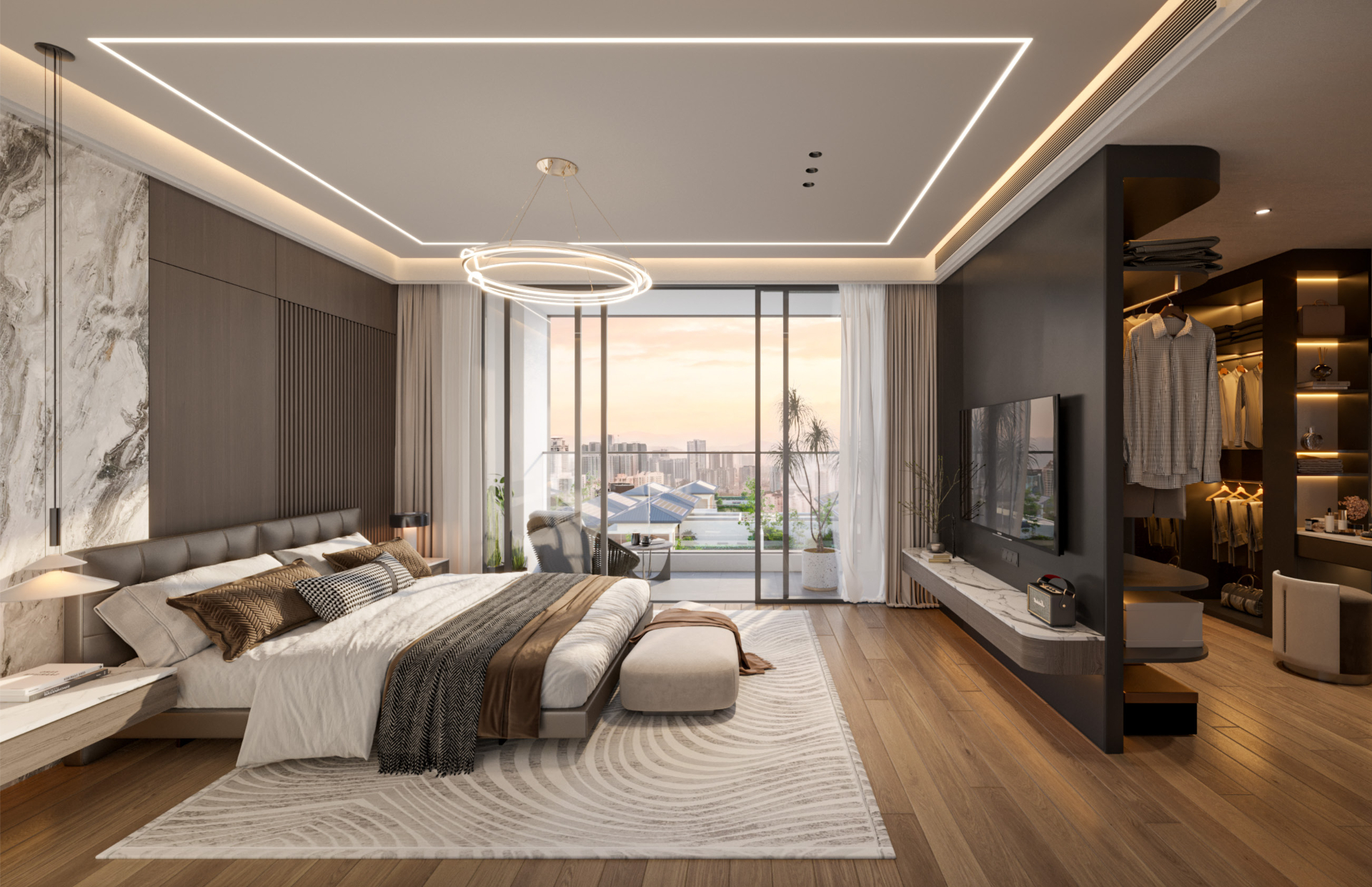 Master bedroom interior of a Majestic @ Kiara Reserve residence at dusk