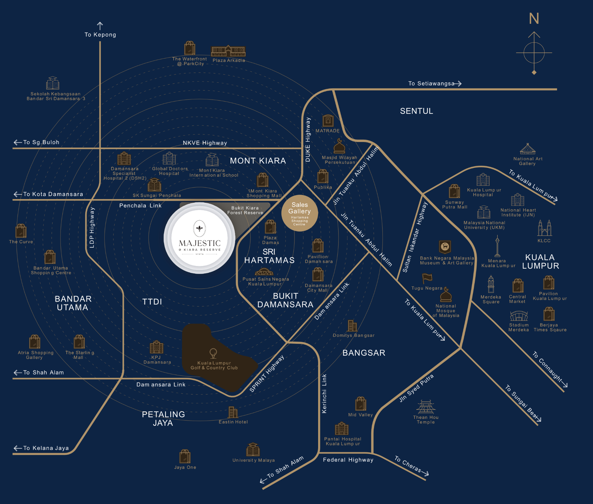 Map showing Majestic at Kiara Reserve relative to Bukit Kiara forest and Kuala Lumpur landmarks