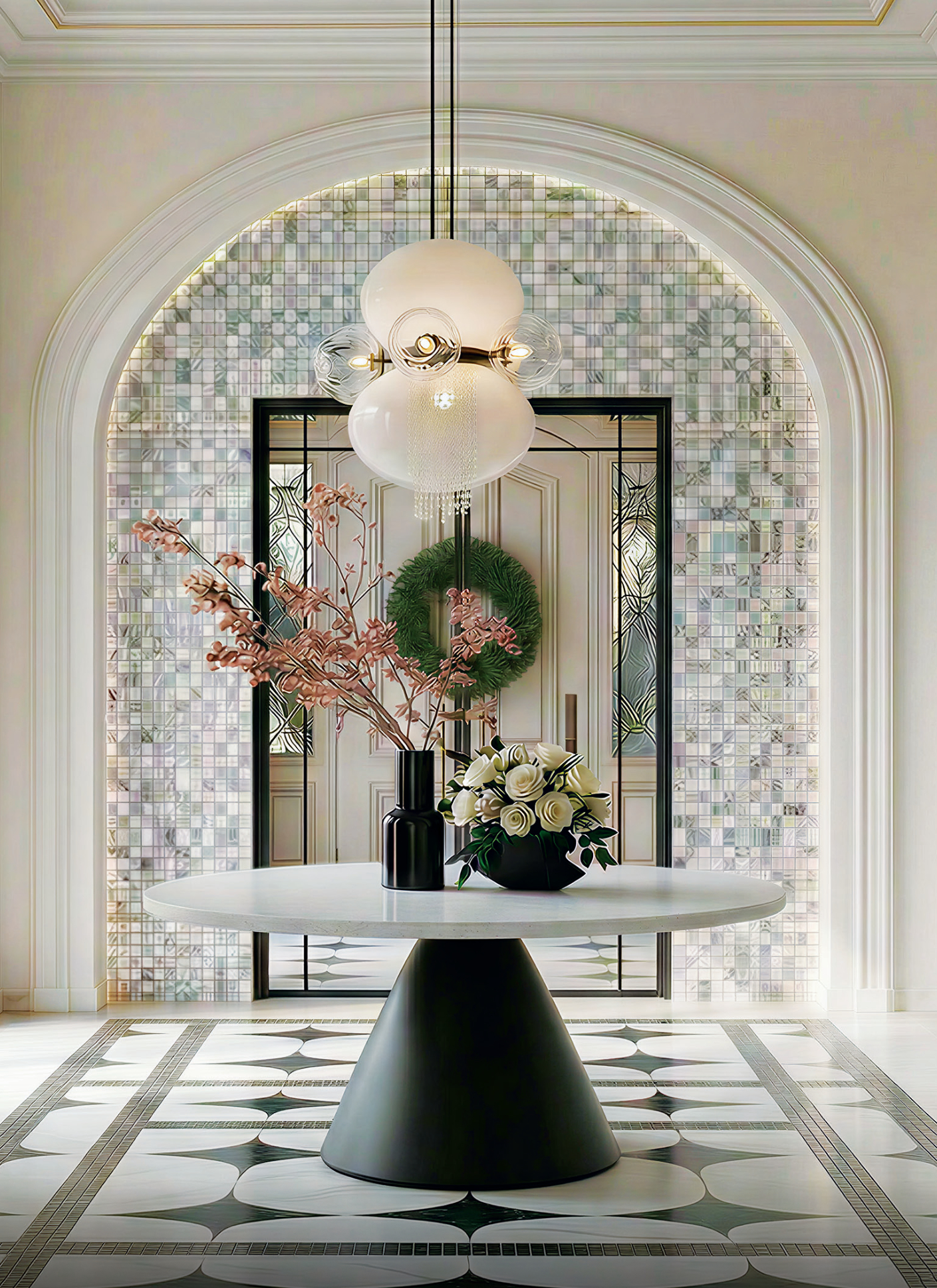 Refined interior detail with arched mosaic backdrop and centrepiece floral arrangement
