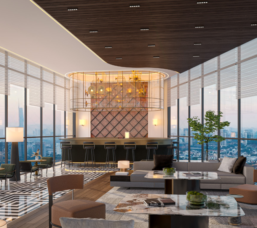 Multipurpose hall lounge with chandelier and skyline outlook
