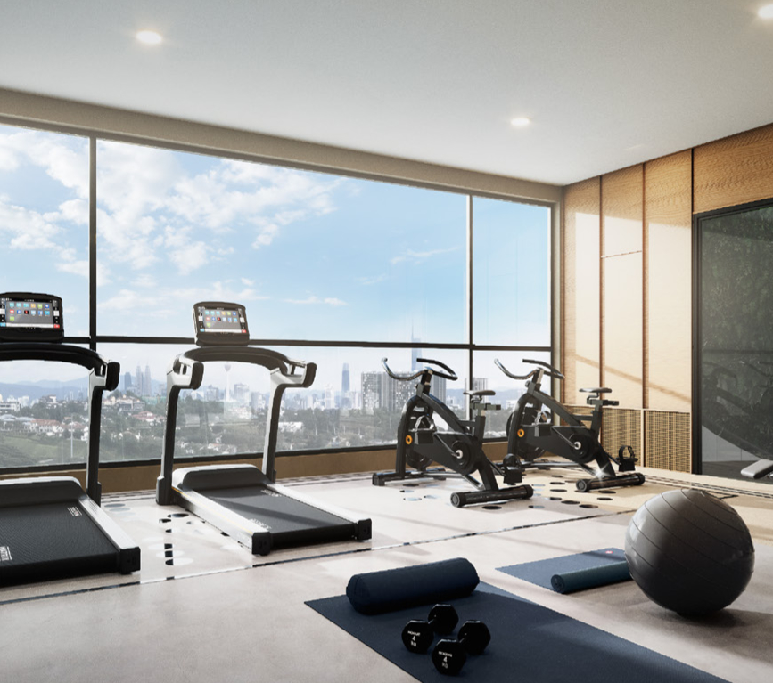 Sky gymnasium with floor-to-ceiling windows and city views