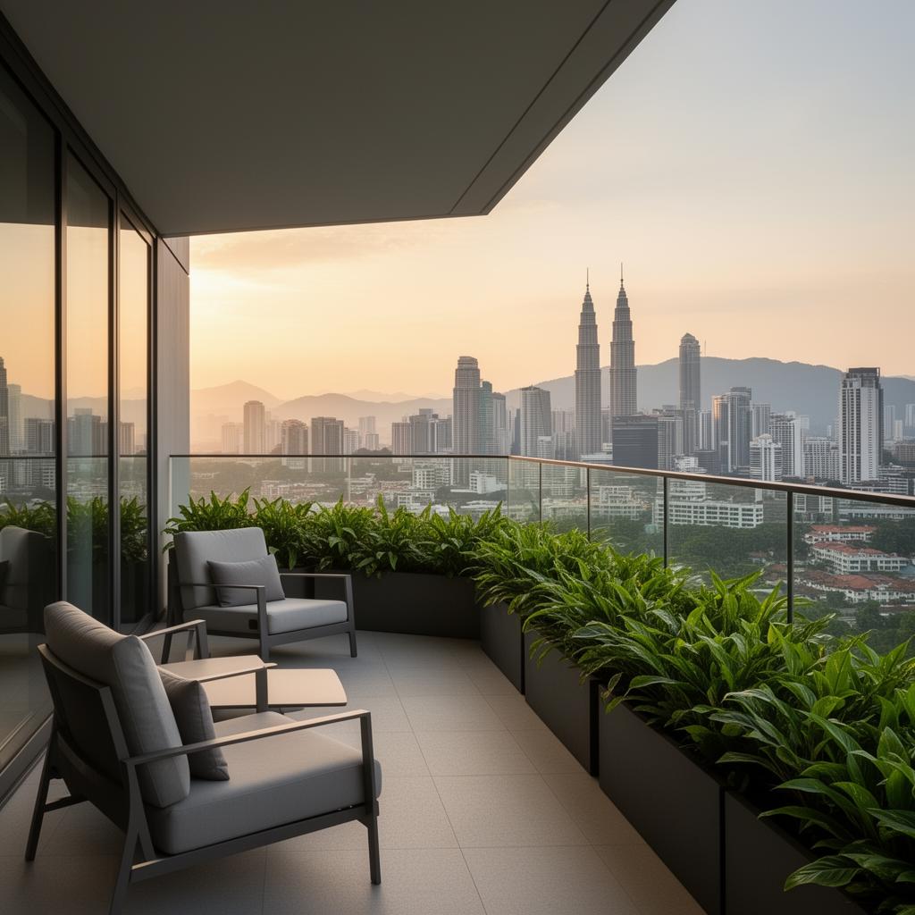 Luxury sky condo balcony overlooking the Kuala Lumpur skyline